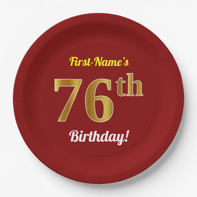 Red, Faux Gold 76th Birthday + Custom Name Paper Plates (Front)