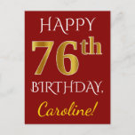 [ Thumbnail: Red, Faux Gold 76th Birthday + Custom Name Postcard ]