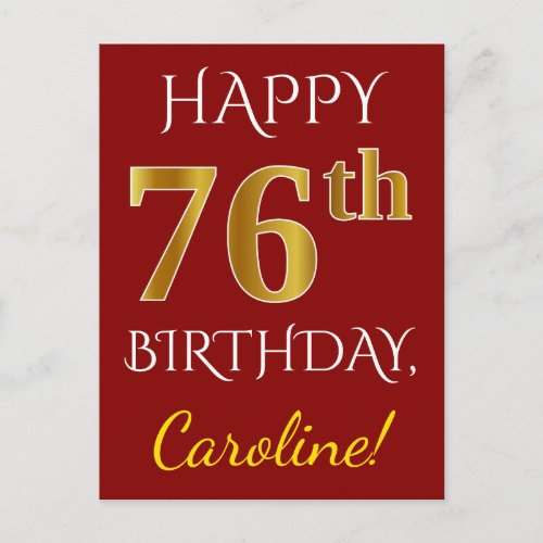 Red Faux Gold 76th Birthday  Custom Name Postcard