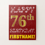 [ Thumbnail: Red, Faux Gold 76th Birthday + Custom Name Puzzle ]