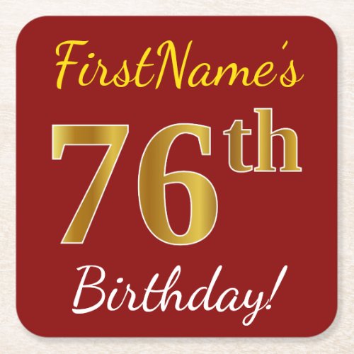 Red Faux Gold 76th Birthday  Custom Name Square Paper Coaster