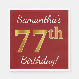 Red, Faux Gold 77th Birthday + Custom Name Paper Napkins