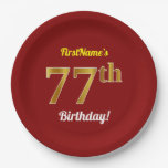 [ Thumbnail: Red, Faux Gold 77th Birthday + Custom Name Paper Plates ]