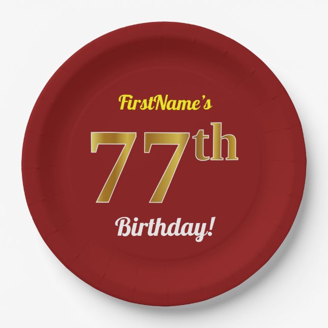 Red, Faux Gold 77th Birthday + Custom Name Paper Plates (Front)
