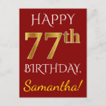 [ Thumbnail: Red, Faux Gold 77th Birthday + Custom Name Postcard ]