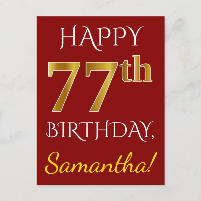Red, Faux Gold 77th Birthday + Custom Name Postcard (Front)