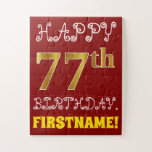 [ Thumbnail: Red, Faux Gold 77th Birthday + Custom Name Puzzle ]