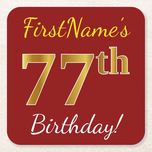 Red, Faux Gold 77th Birthday + Custom Name Square Paper Coaster (Front)