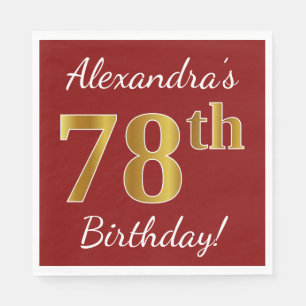 Red, Faux Gold 78th Birthday + Custom Name Paper Napkins