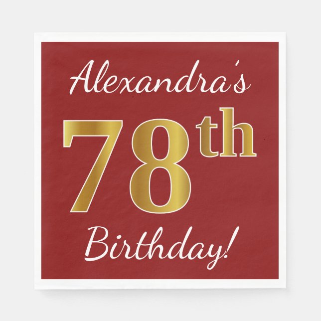 Red, Faux Gold 78th Birthday + Custom Name Paper Napkins (Front)