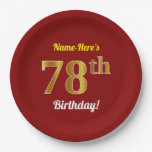 [ Thumbnail: Red, Faux Gold 78th Birthday + Custom Name Paper Plates ]
