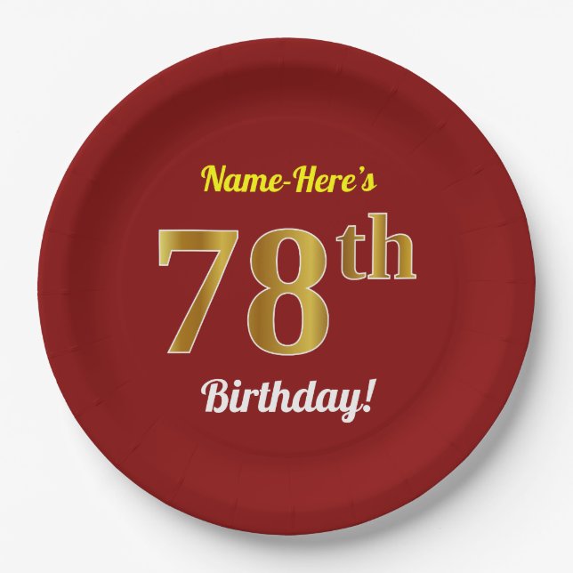 Red, Faux Gold 78th Birthday + Custom Name Paper Plates (Front)