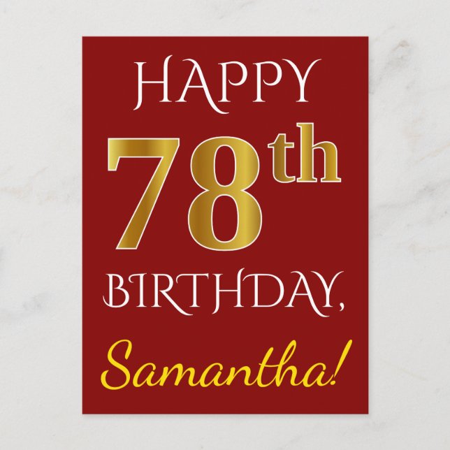 Red, Faux Gold 78th Birthday + Custom Name Postcard (Front)