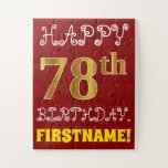 [ Thumbnail: Red, Faux Gold 78th Birthday + Custom Name Puzzle ]