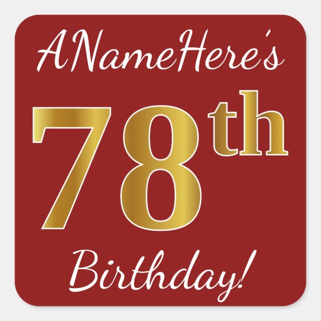 Red, Faux Gold 78th Birthday + Custom Name Sticker (Front)