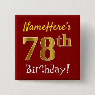Red, Faux Gold 78th Birthday, With Custom Name Button