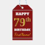 [ Thumbnail: Red, Faux Gold 79th Birthday + Custom Name Gift Tags ]