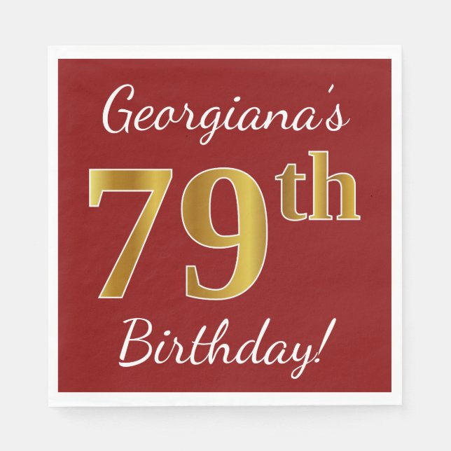 Red, Faux Gold 79th Birthday + Custom Name Napkins (Front)