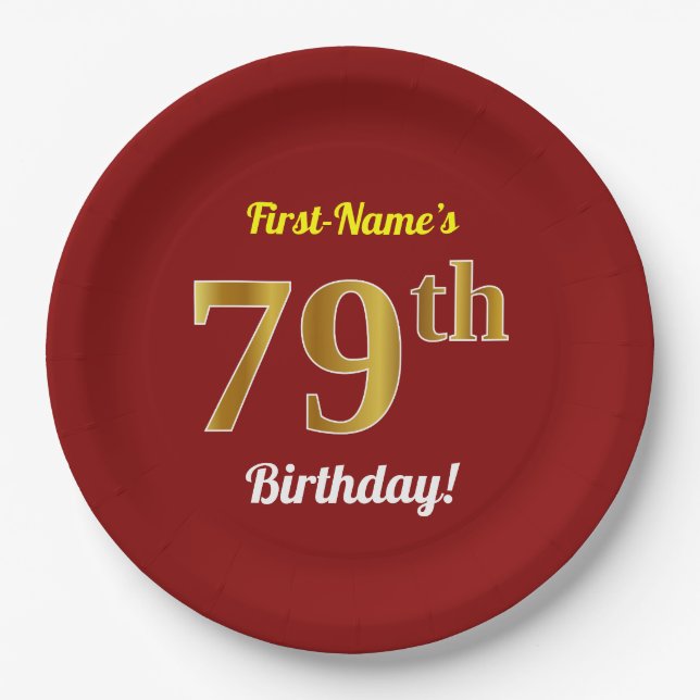 Red, Faux Gold 79th Birthday + Custom Name Paper Plates (Front)