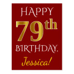 [ Thumbnail: Red, Faux Gold 79th Birthday + Custom Name Postcard ]