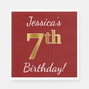 Red, Faux Gold 7th Birthday + Custom Name Paper Napkins