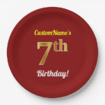 [ Thumbnail: Red, Faux Gold 7th Birthday + Custom Name Paper Plates ]