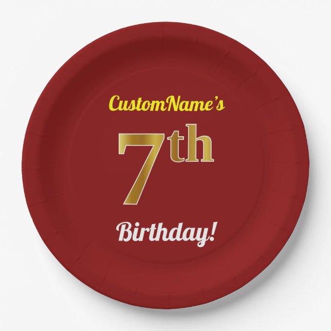 Red, Faux Gold 7th Birthday + Custom Name Paper Plates (Front)