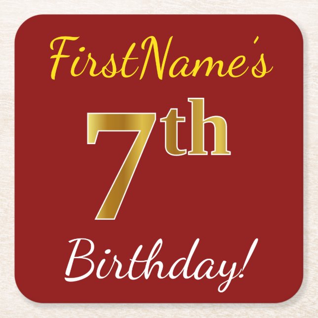 Red, Faux Gold 7th Birthday + Custom Name Square Paper Coaster (Front)