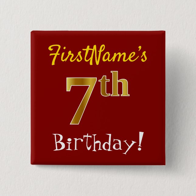 Red, Faux Gold 7th Birthday, With Custom Name Button (Front)
