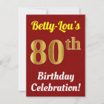 [ Thumbnail: Red, Faux Gold 80th Birthday Celebration + Name Invitation ]