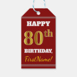 [ Thumbnail: Red, Faux Gold 80th Birthday + Custom Name Gift Tags ]