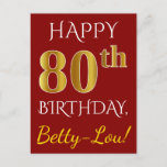[ Thumbnail: Red, Faux Gold 80th Birthday + Custom Name Postcard ]