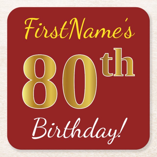 Red, Faux Gold 80th Birthday + Custom Name Square Paper Coaster (Front)