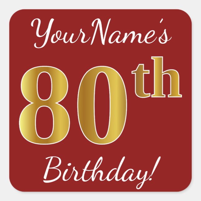 Red, Faux Gold 80th Birthday + Custom Name Sticker (Front)