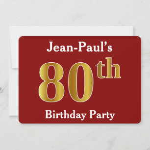 Red, Faux Gold 80th Birthday Party + Custom Name Invitation