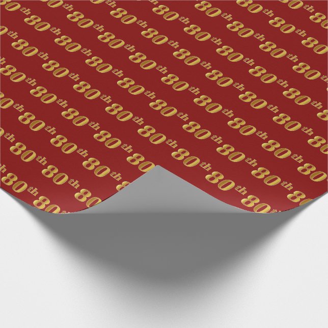Red, Faux Gold 80th (Eightieth) Event Wrapping Paper (Corner)