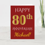[ Thumbnail: Red, Faux Gold 80th Wedding Anniversary + Name Card ]