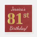 [ Thumbnail: Red, Faux Gold 81st Birthday + Custom Name Paper Napkin ]