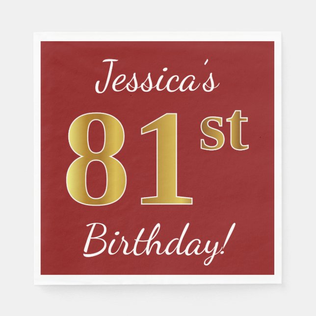 Red, Faux Gold 81st Birthday + Custom Name Paper Napkins (Front)
