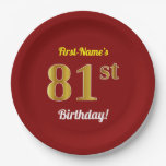 [ Thumbnail: Red, Faux Gold 81st Birthday + Custom Name Paper Plates ]