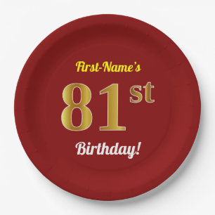 Red, Faux Gold 81st Birthday + Custom Name Paper Plates