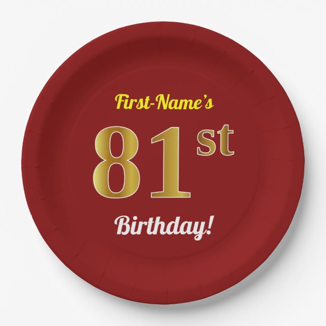 Red, Faux Gold 81st Birthday + Custom Name Paper Plates (Front)