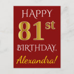 [ Thumbnail: Red, Faux Gold 81st Birthday + Custom Name Postcard ]