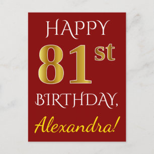 Red, Faux Gold 81st Birthday + Custom Name Postcard