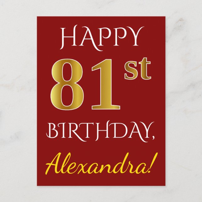 Red, Faux Gold 81st Birthday + Custom Name Postcard (Front)