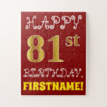 [ Thumbnail: Red, Faux Gold 81st Birthday + Custom Name Puzzle ]