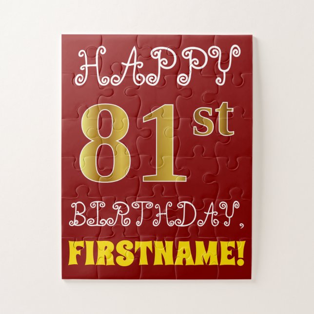 Red, Faux Gold 81st Birthday + Custom Name Puzzle (Vertical)