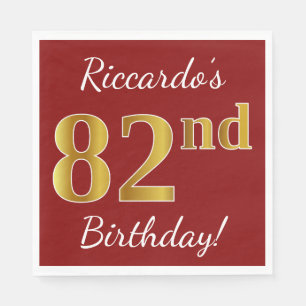Red, Faux Gold 82nd Birthday + Custom Name Napkins