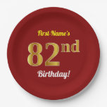 [ Thumbnail: Red, Faux Gold 82nd Birthday + Custom Name Paper Plates ]