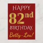 [ Thumbnail: Red, Faux Gold 82nd Birthday + Custom Name Postcard ]